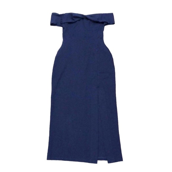 NICHOLAS Knot Twist Front Gown Size 0 Navy Blue Off Shoulder - Picture 4 of 13